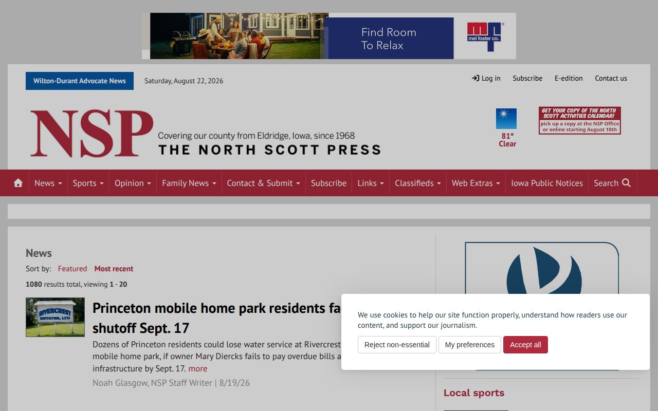 North Scott Press local news section serving Eldridge and northern Scott County