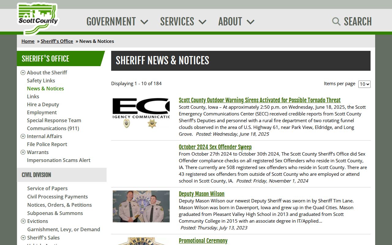 Scott County Sheriff's official news release archive