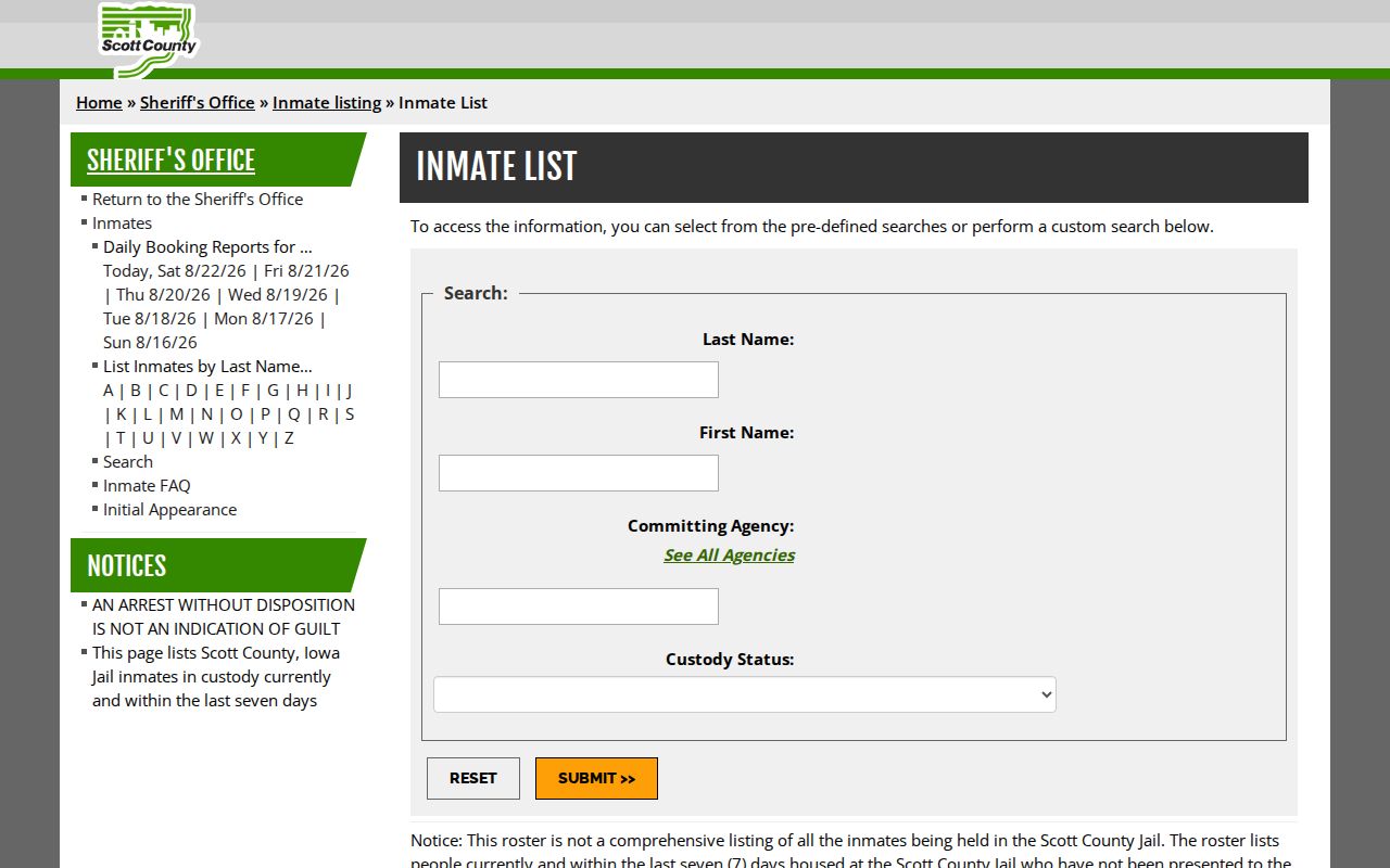 Scott County Jail busted mugshot roster search interface