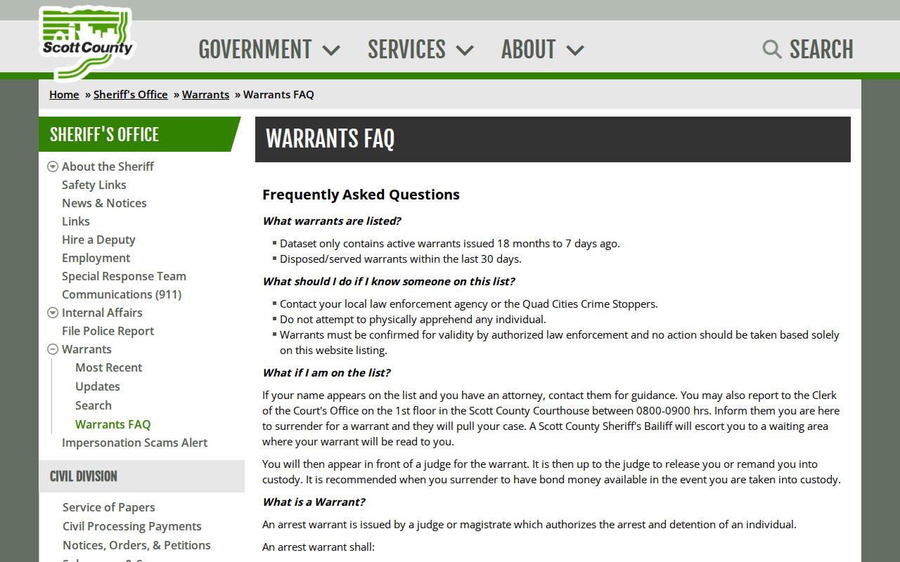 Scott County Sheriff warrant FAQ explaining scope and safety