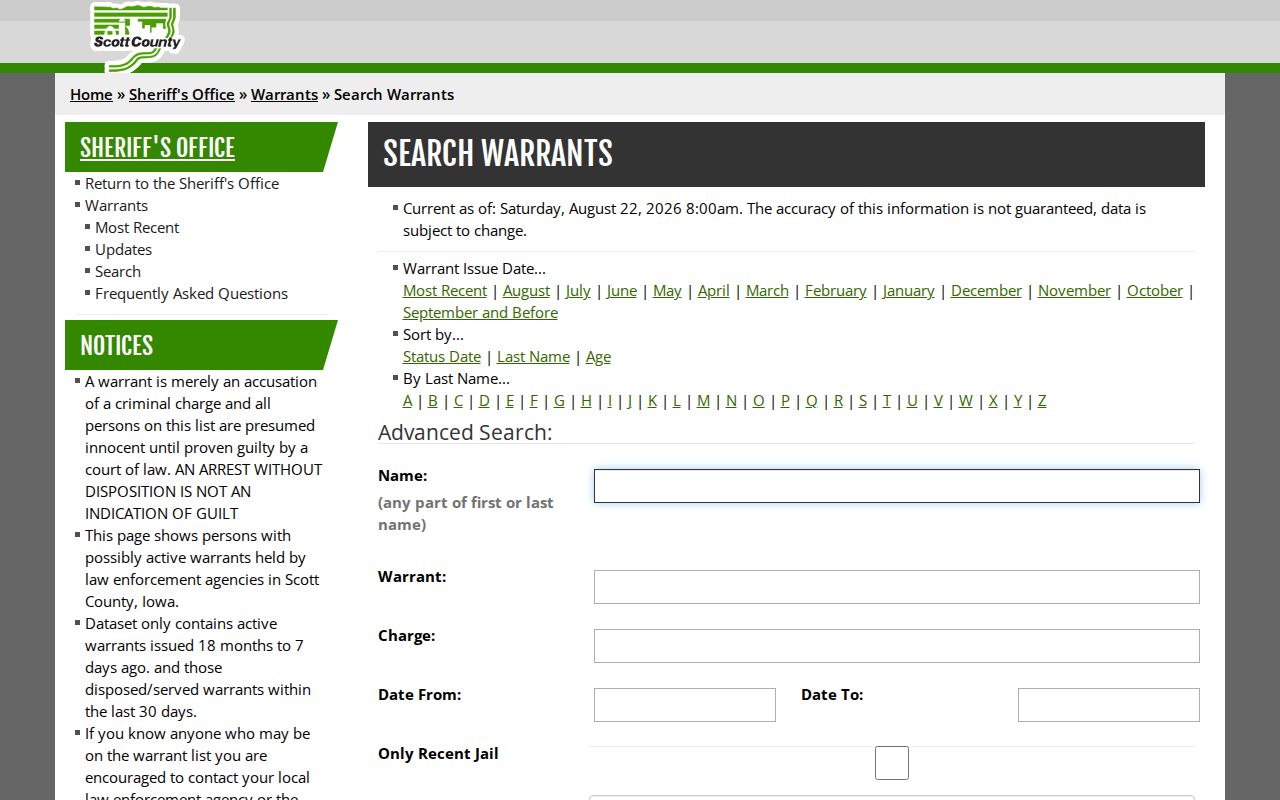 Scott County Sheriff's official advanced warrant search form