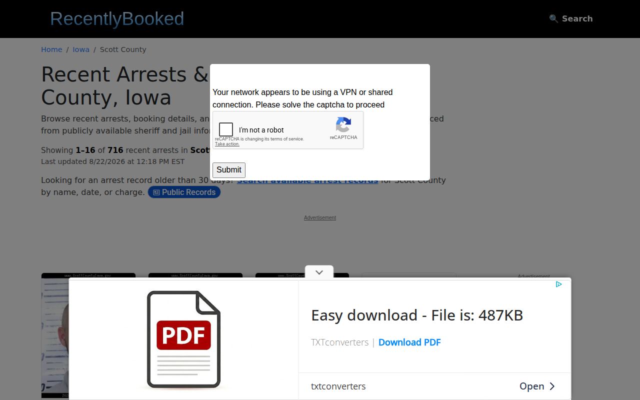 Unofficial RecentlyBooked Scott County booking records section